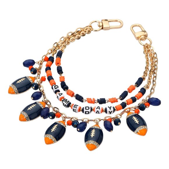 NEW Football Charm Blue Orange AU GAME DAY Beaded Layered Bag Handbag Gold Chain - Picture 2 of 3